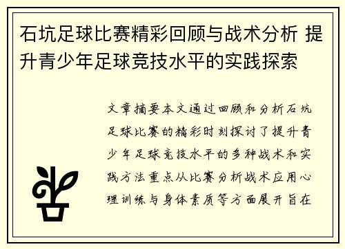 石坑足球比赛精彩回顾与战术分析 提升青少年足球竞技水平的实践探索