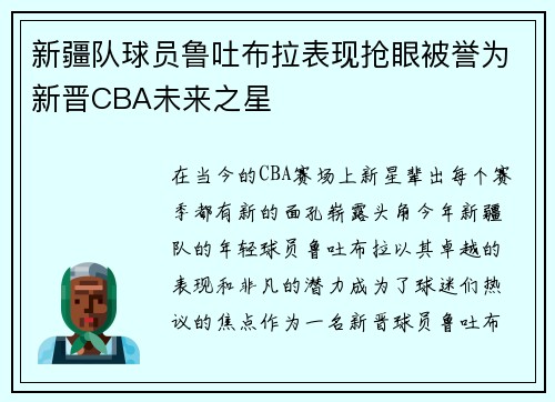 新疆队球员鲁吐布拉表现抢眼被誉为新晋CBA未来之星