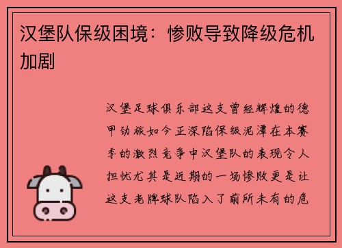 汉堡队保级困境：惨败导致降级危机加剧