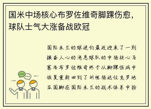 国米中场核心布罗佐维奇脚踝伤愈，球队士气大涨备战欧冠