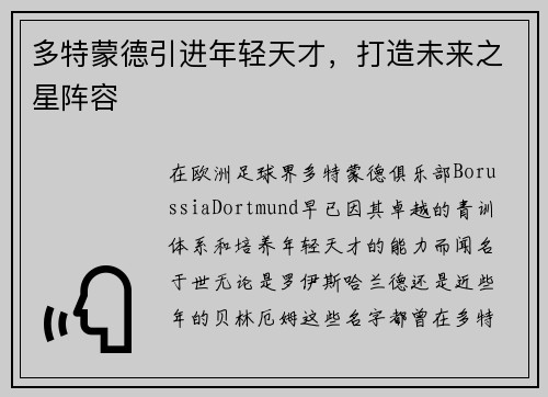 多特蒙德引进年轻天才，打造未来之星阵容