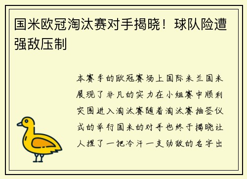 国米欧冠淘汰赛对手揭晓！球队险遭强敌压制