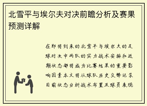 北雪平与埃尔夫对决前瞻分析及赛果预测详解