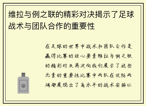 维拉与例之联的精彩对决揭示了足球战术与团队合作的重要性