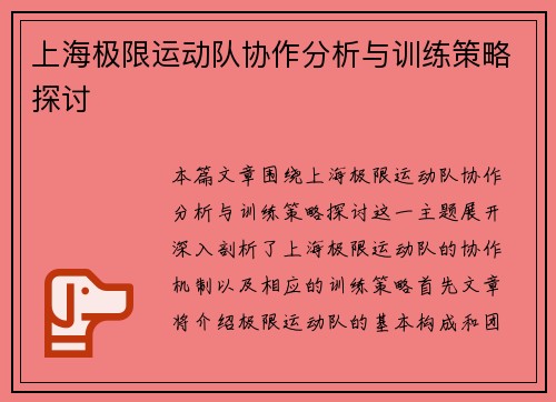 上海极限运动队协作分析与训练策略探讨