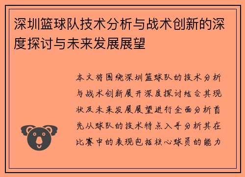 深圳篮球队技术分析与战术创新的深度探讨与未来发展展望
